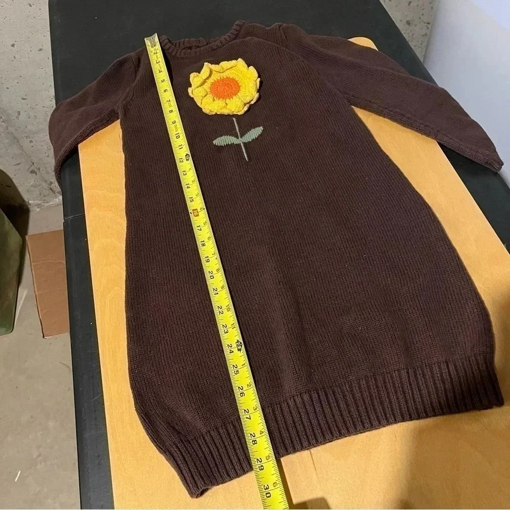 Gymboree Girls 10 Brown Knit Sweater Dress Yellow Flower Long Sleeves